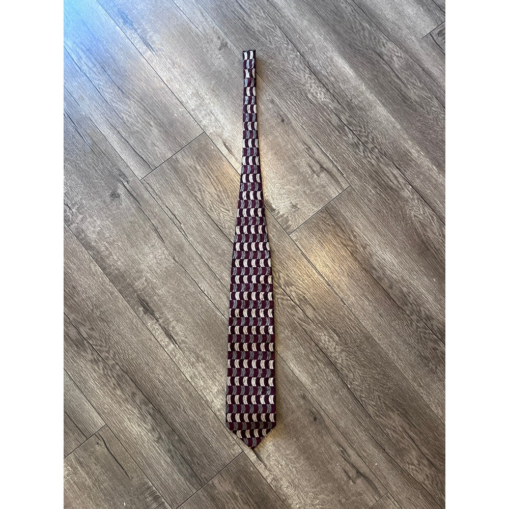 Pronto Uomo Silk Necktie Made in Italy Geometric Design Burgundy Grey